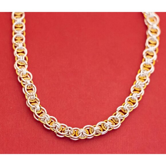 17 inch, Vintage Two Tone Ring Chains Brutalist Necklace - F33 - Picture 1 of 3